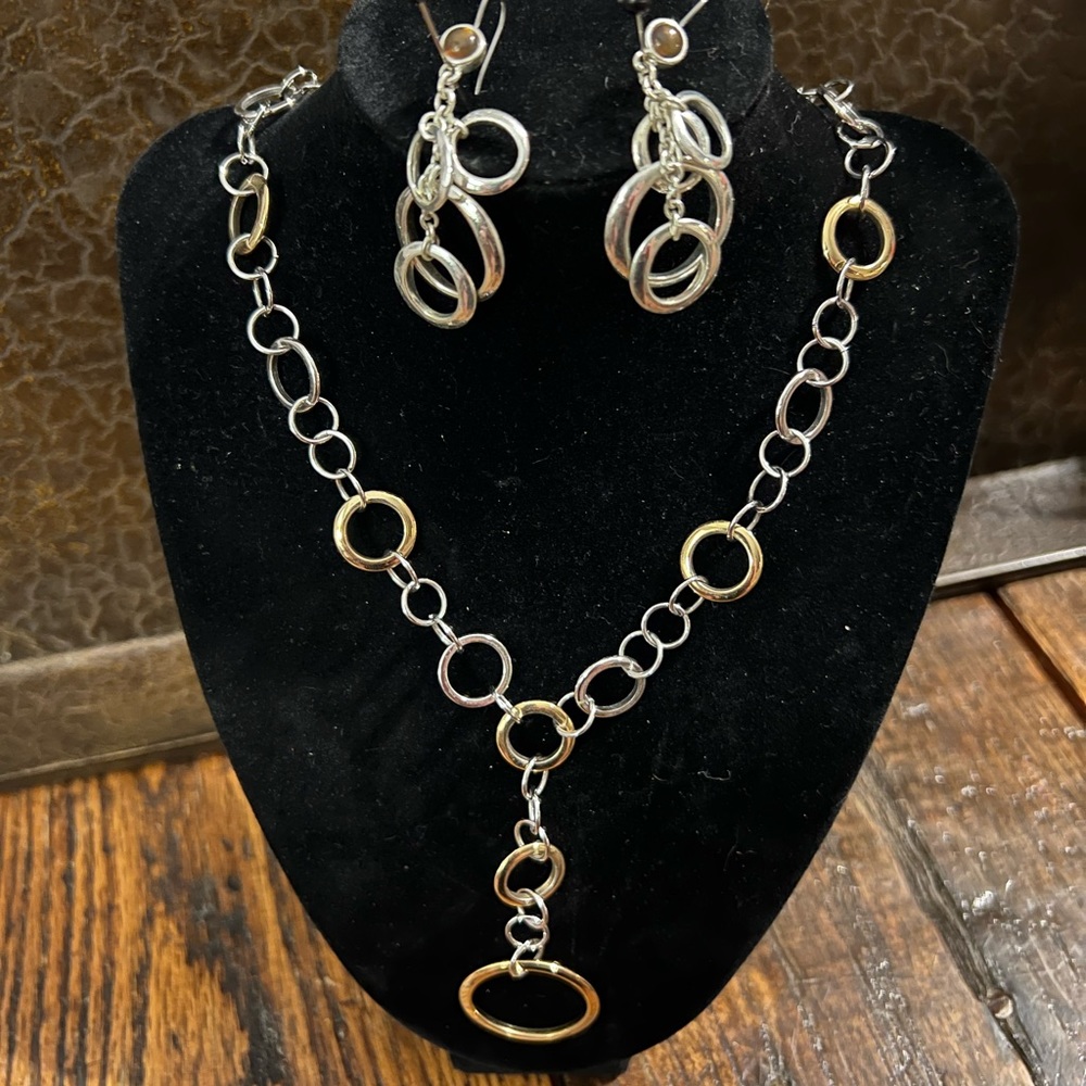 Lia Sophia “DEBBIE” Gold & Silver tone necklace- Y- and coordinating earrings